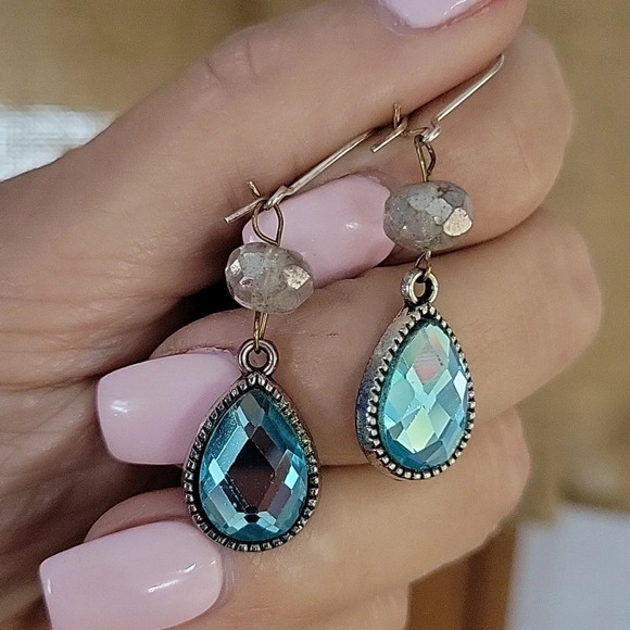 Czech Glass and Aqua Crystal Teardrop Earrings - Picture 1 of 8